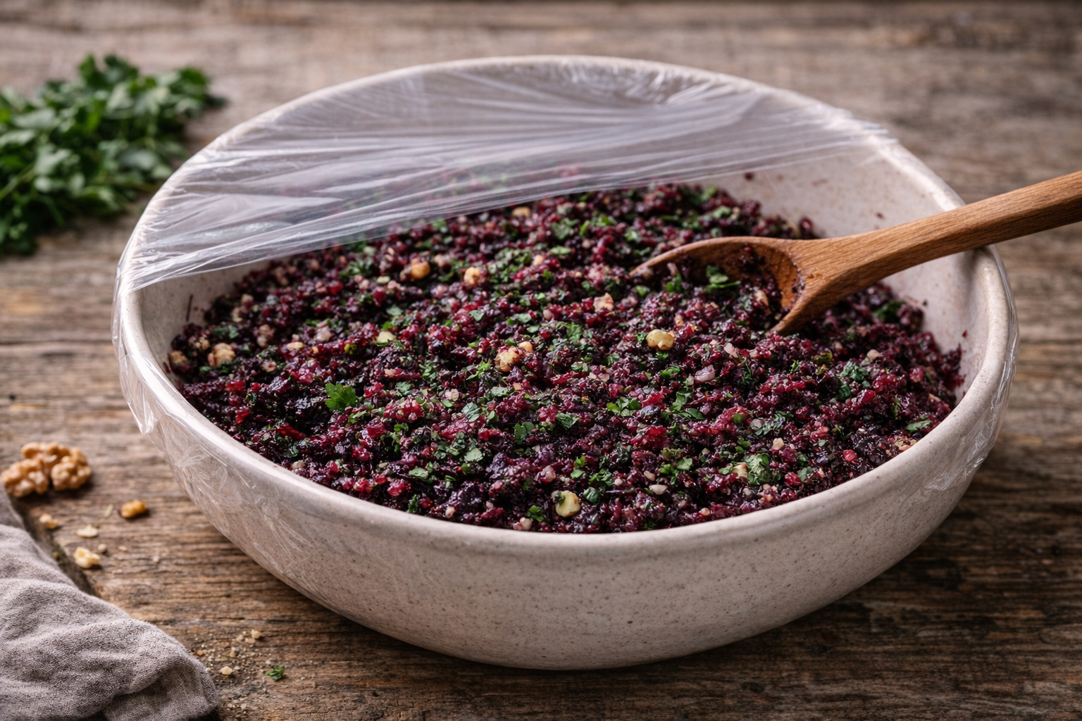 Beet salad resting in a bowl to allow flavors to blend before serving