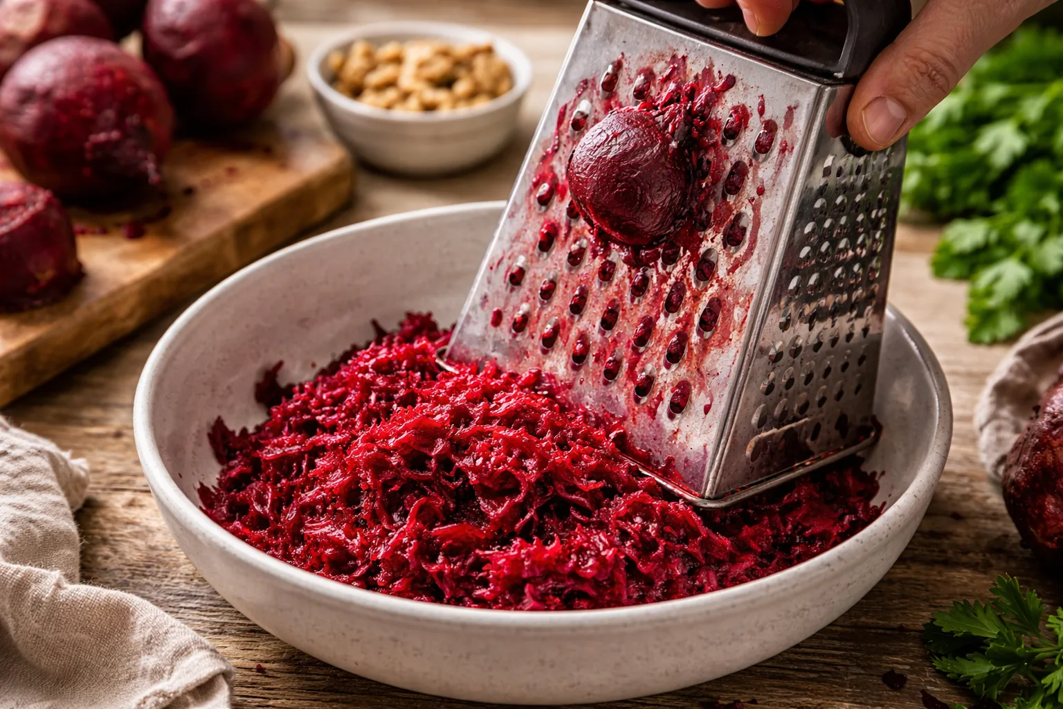 Boiled beets being peeled and grated for Georgian beet salad