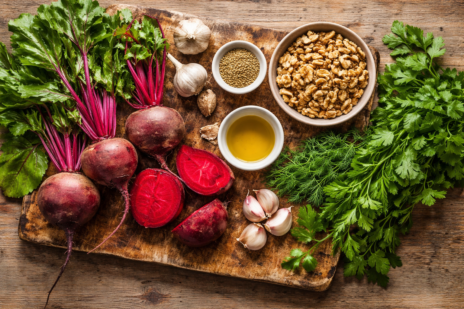 Ingredients for Georgian beet salad including beets, walnuts, garlic and fresh herbs