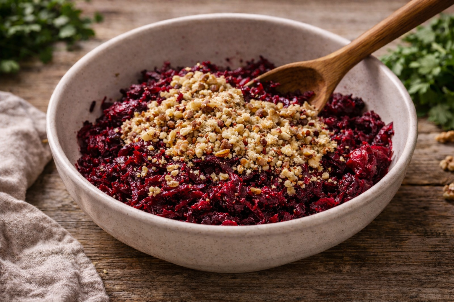 Grated beets mixed with walnut and garlic mixture in a bowl