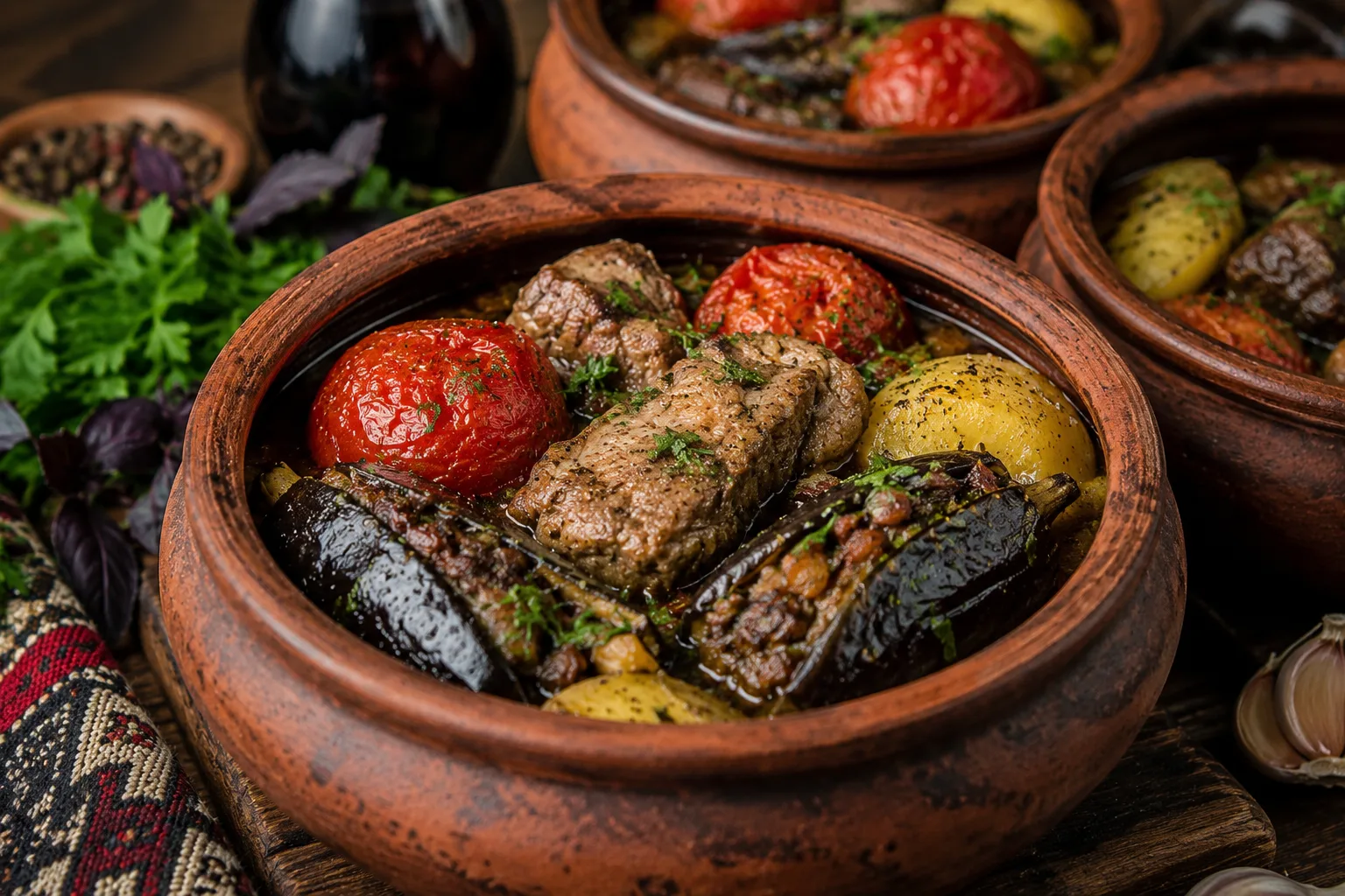 Authentic Georgian chanakhi served hot in individual clay bowls