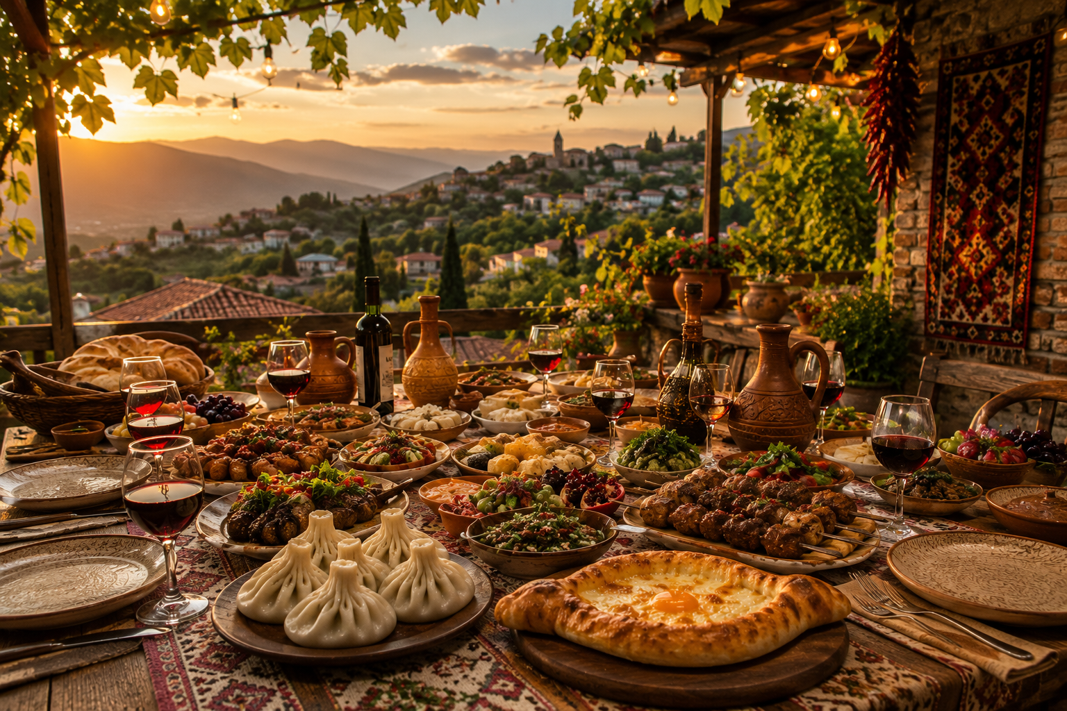 Traditional Georgian supra table filled with authentic food, wine, candles, and warm hospitality outdoors at sunset