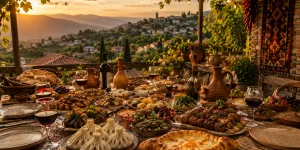 Traditional Georgian supra table filled with authentic food, wine, candles, and warm hospitality outdoors at sunset