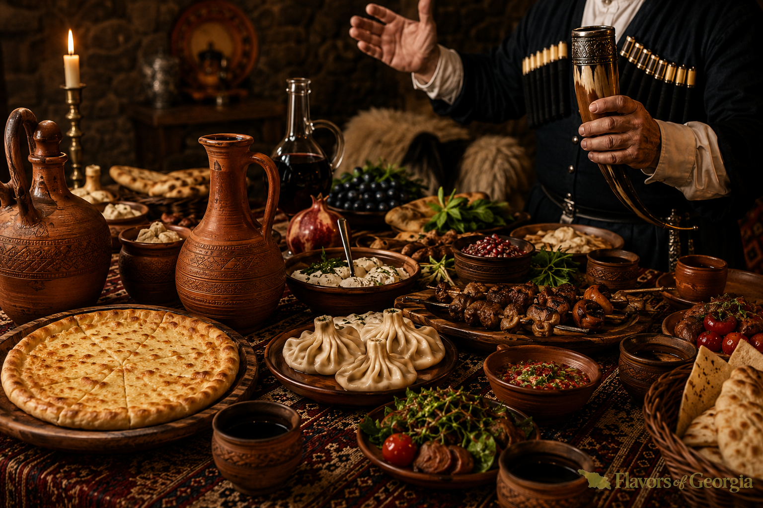 Authentic Georgian tableware and traditional supra with clay dishes, kantsi horn, wine, and handmade pottery