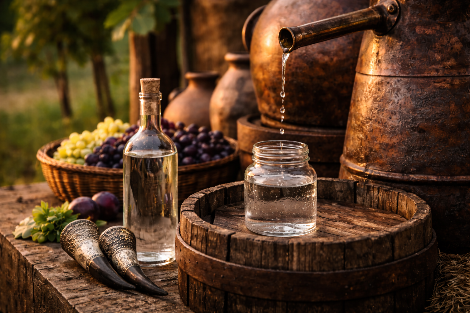 Authentic Georgian chacha with traditional copper still and homemade village distillation atmosphere