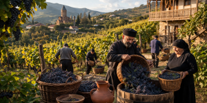 Traditional Georgian Rtveli grape harvest celebration with vineyard workers, wine baskets, and autumn countryside
