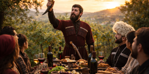 Georgian tamada raising a wine glass during a traditional supra feast with guests listening attentively
