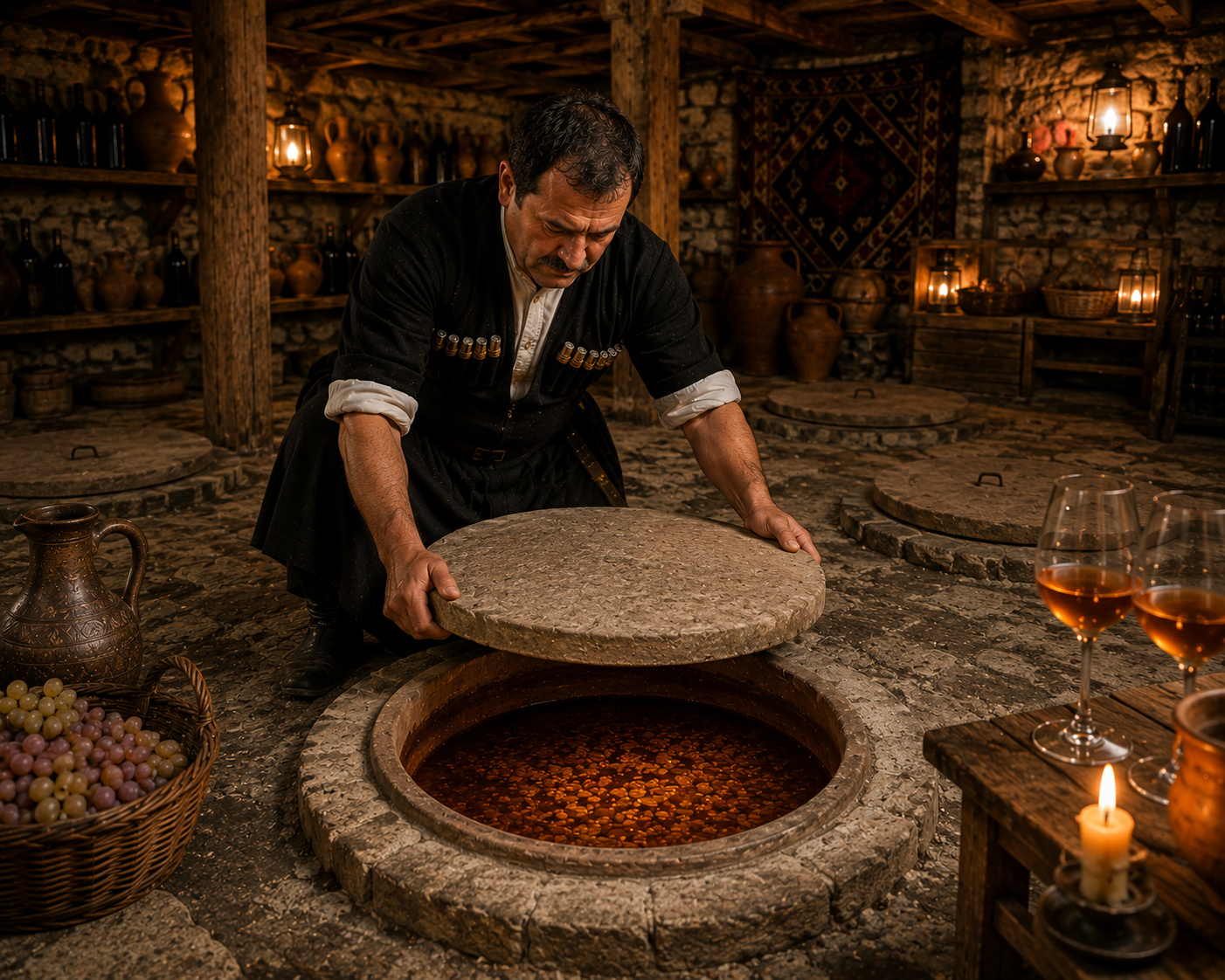 Walnuts and garlic being crushed into a coarse paste