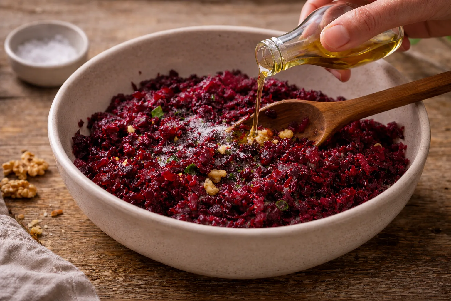 Adding vinegar and salt to beet salad and mixing thoroughly