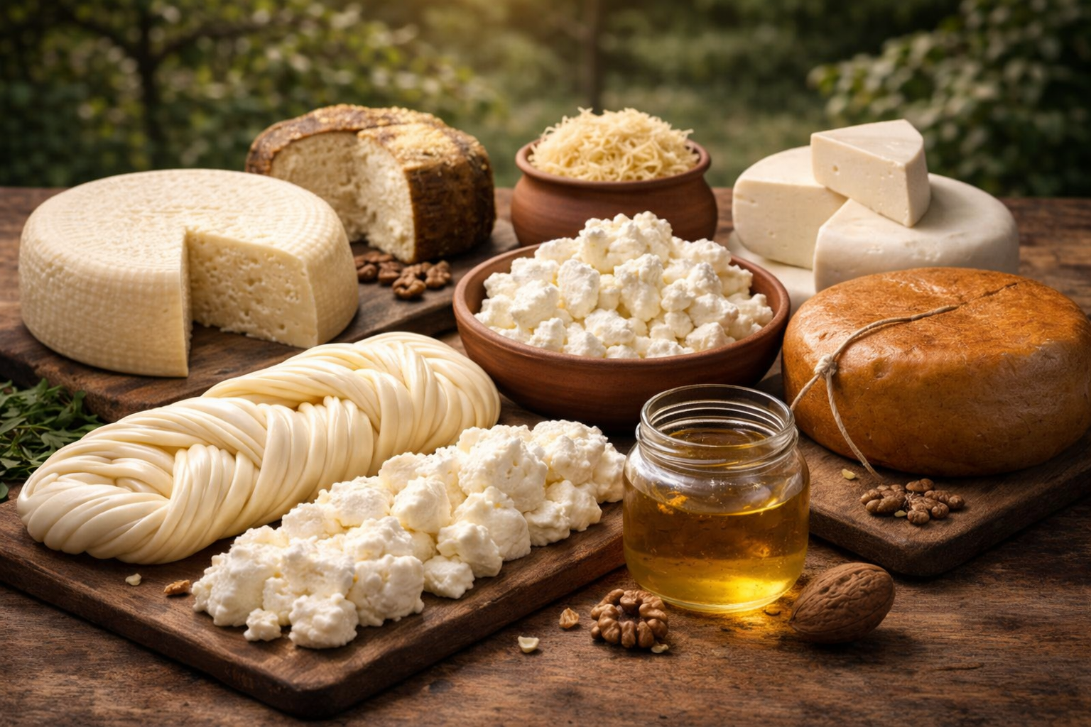Assorted Georgian cheeses including Sulguni, Guda, and Imeruli displayed in a traditional Georgian village-style setting