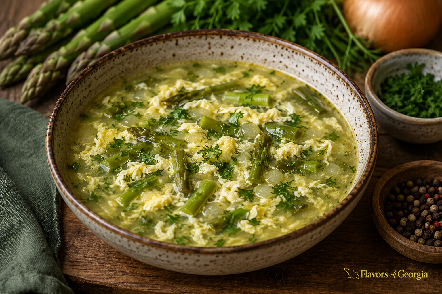 Homemade asparagus soup with eggs and fresh herbs