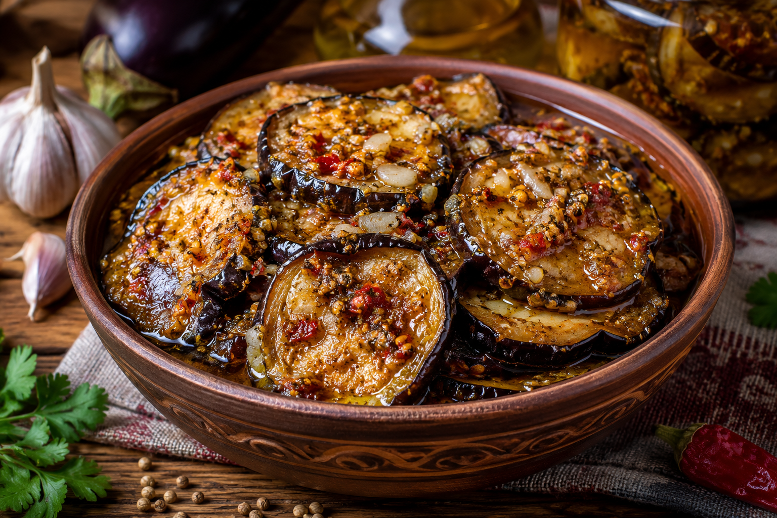 Homemade Georgian fried eggplant preserved in oil and served as an appetizer