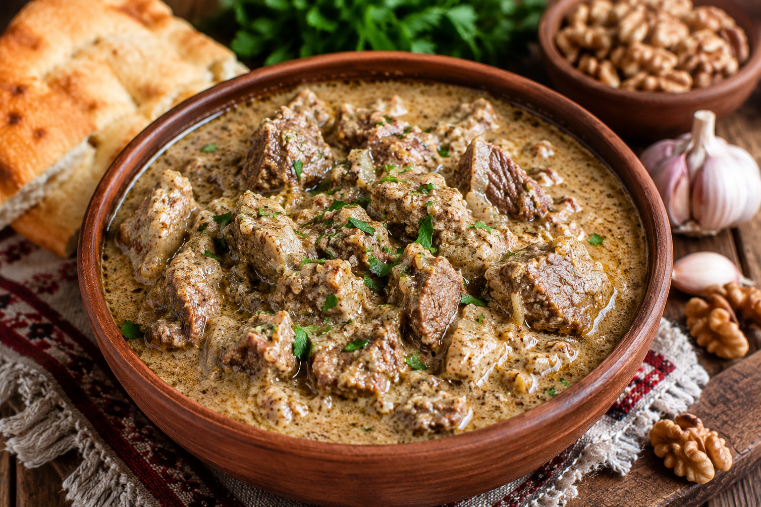 Authentic Adjarian Yakhni served in a rustic Georgian setting