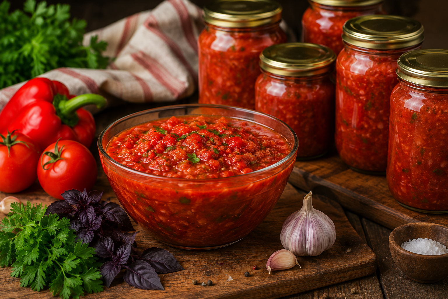 Homemade jars of chopped red tomatoes preserved for winter