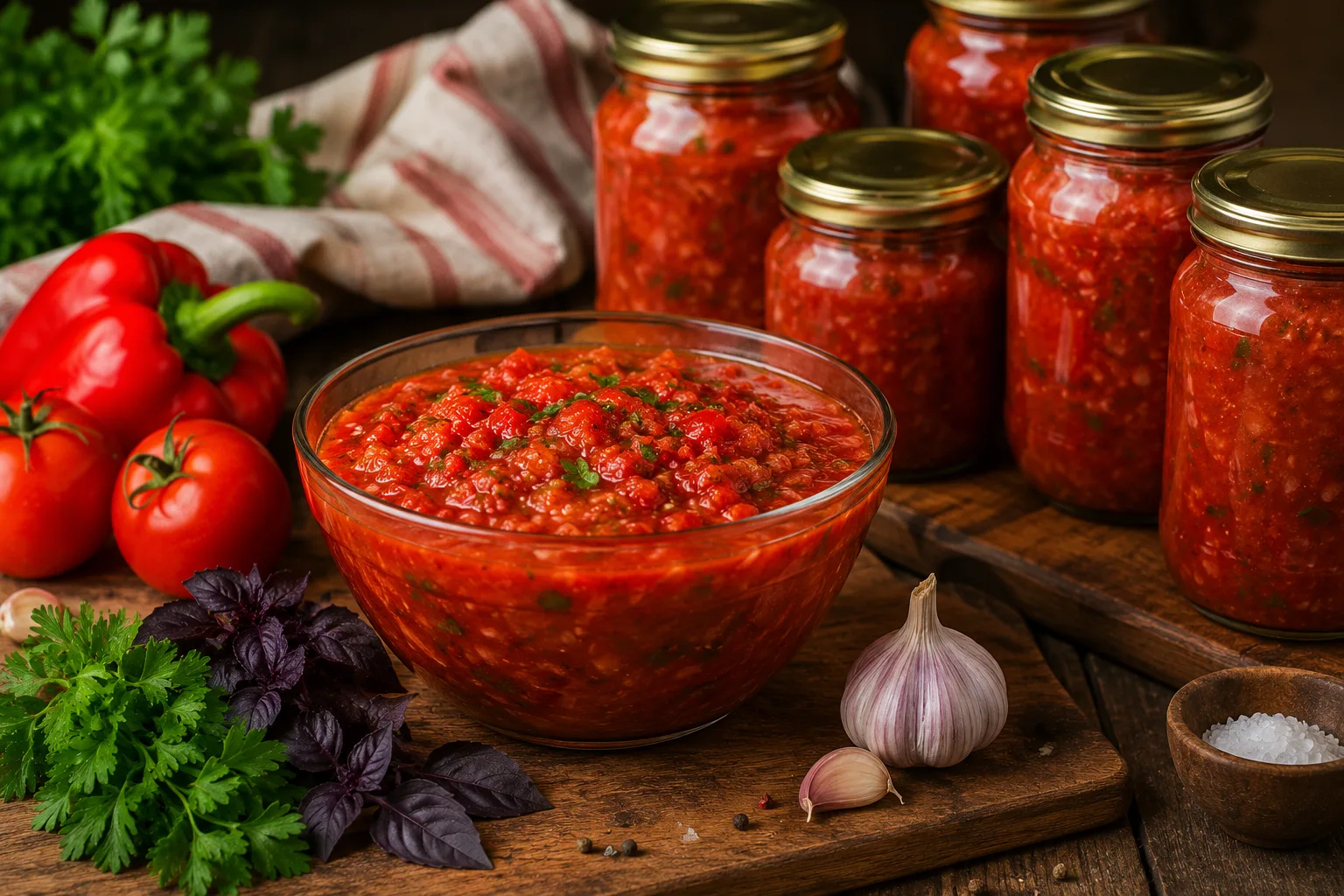 Homemade jars of chopped red tomatoes preserved for winter