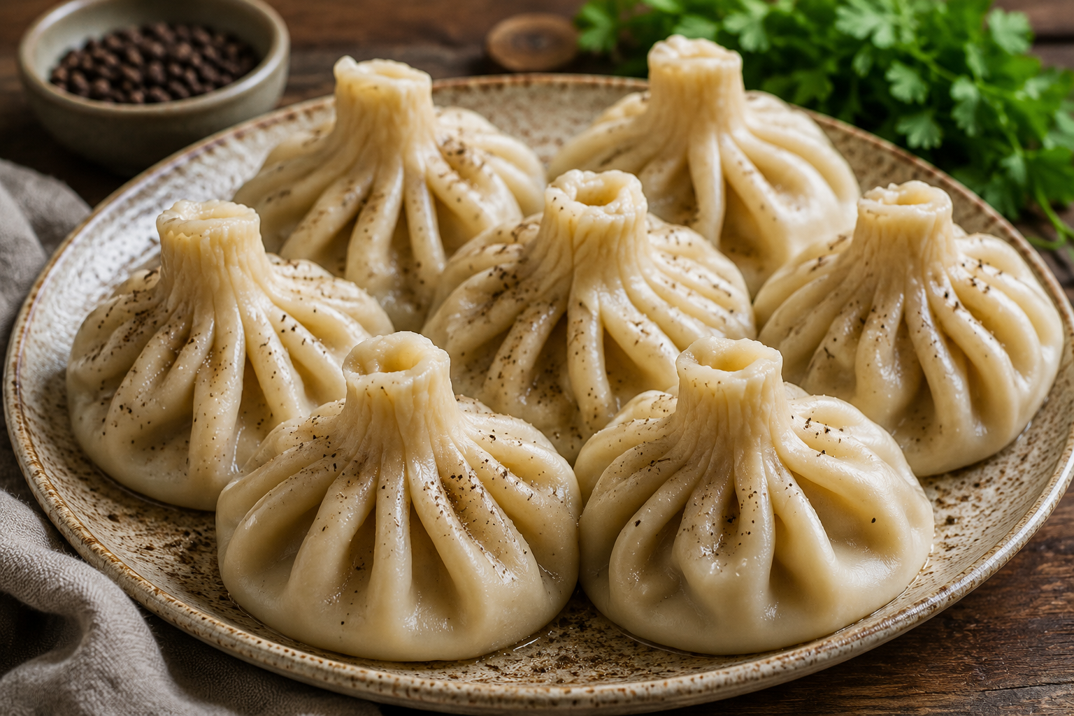 Authentic homemade Georgian khinkali on a rustic wooden table