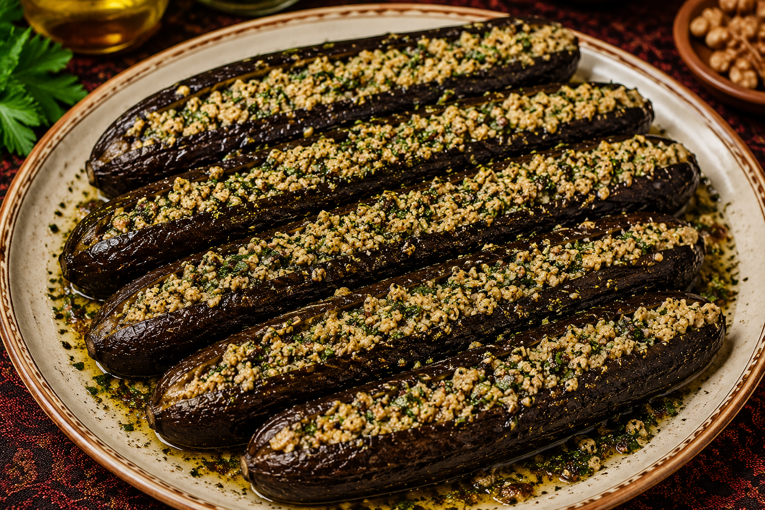 Whole eggplants filled with seasoned walnuts and served on a Georgian table