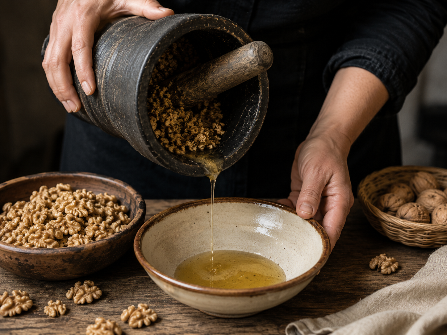 Walnuts and garlic being crushed into a coarse paste