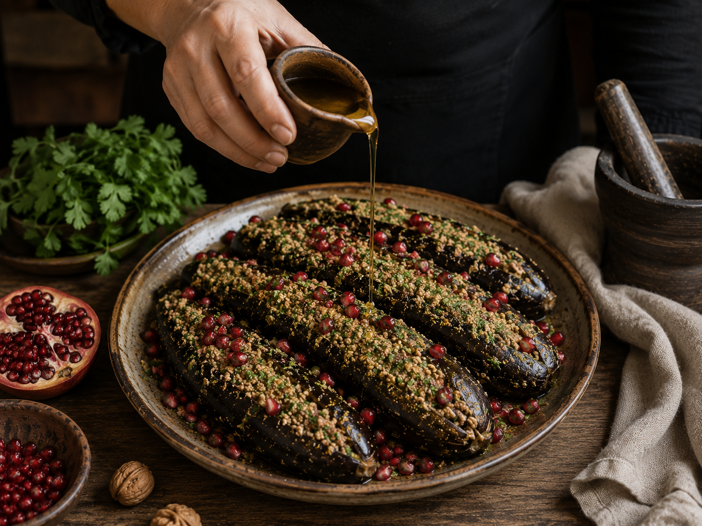 Fresh herbs being finely chopped and added to beet salad