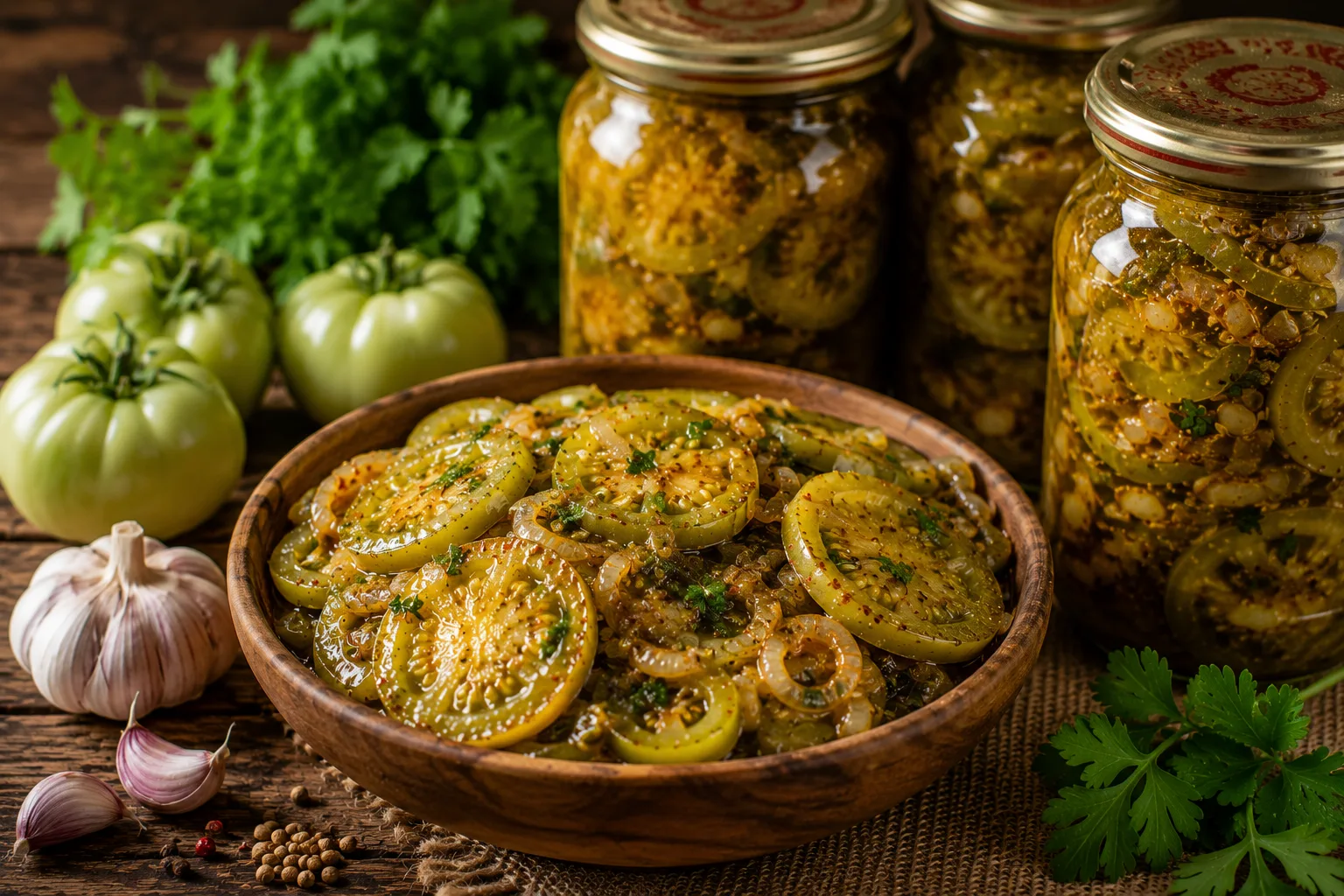 Homemade Georgian green tomatoes in oil prepared for winter storage